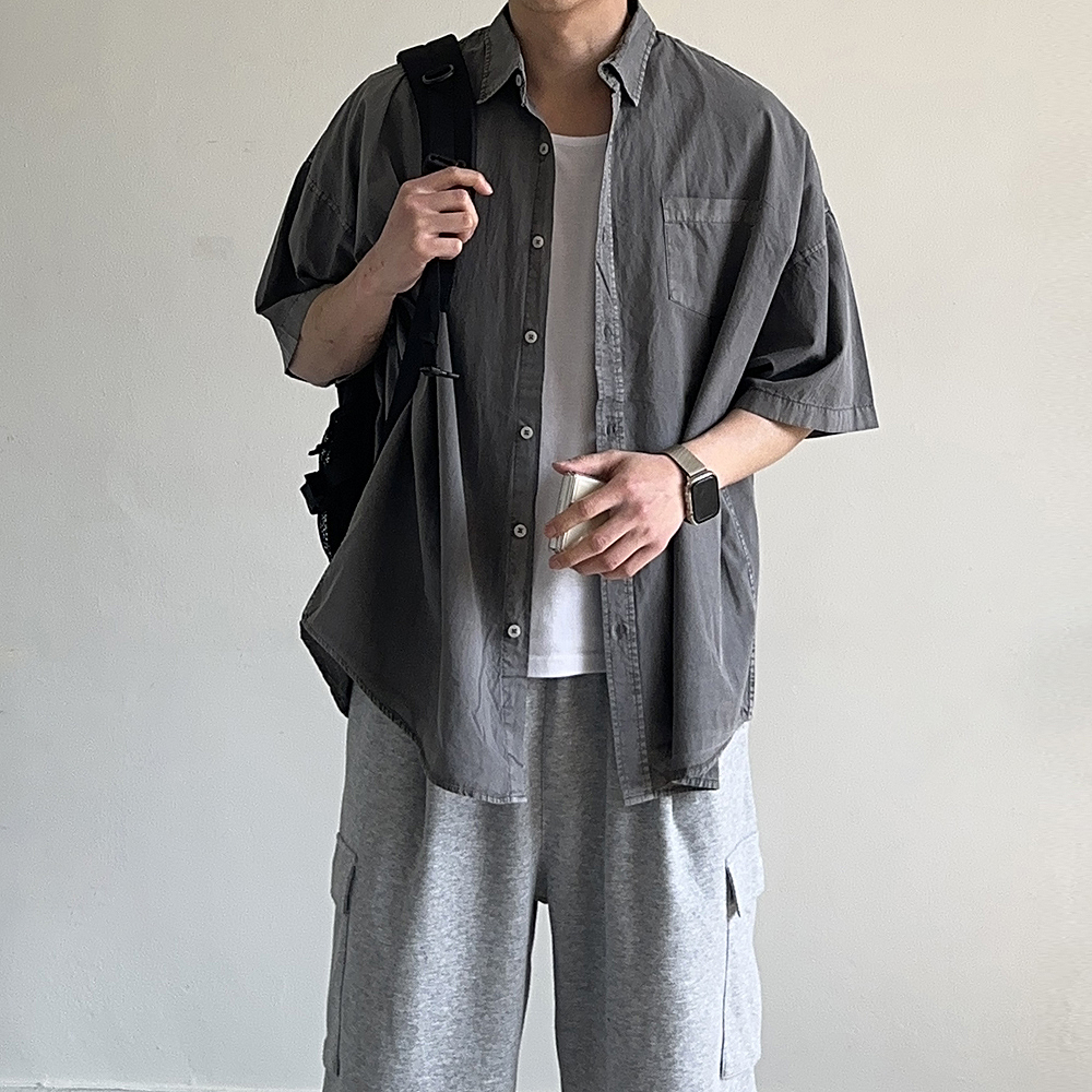 남자 반팔셔츠 피그먼트 오버핏 여름 커플 남방 남자 셔츠 - 상세 이미지 3