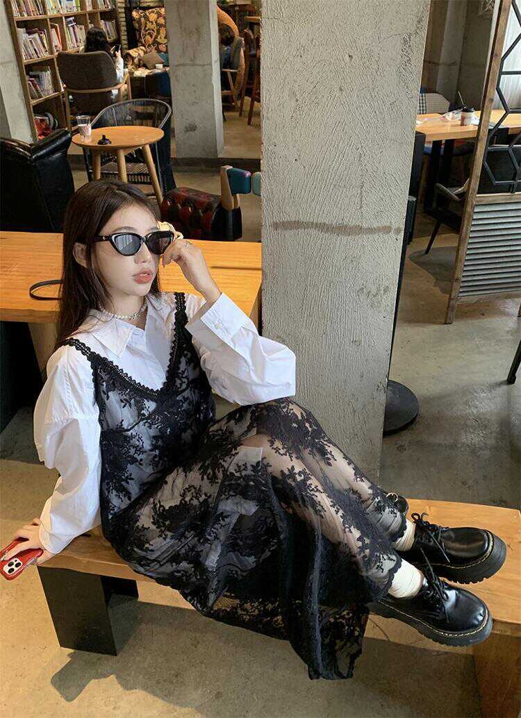 블랙 뷔스티에 시스루원피스 망사 꽃무늬패턴 유니크 프렌치 감성 디자인 봄 여름 - 상세 이미지 4