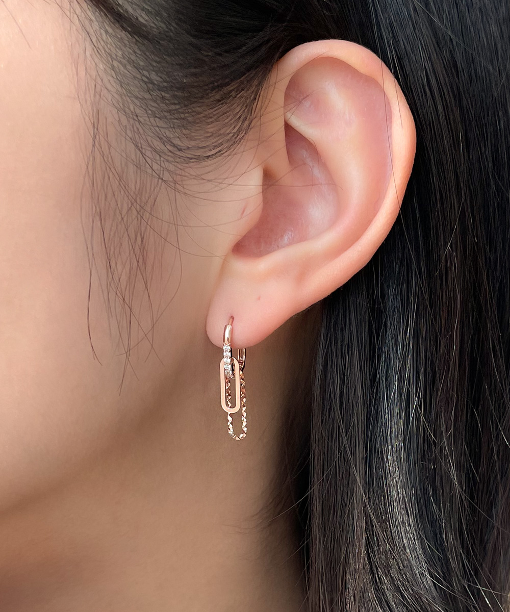 14K 18K 더블 클립 드롭 클래시 큐빅 원터치 귀걸이 데일리 - 메인 이미지