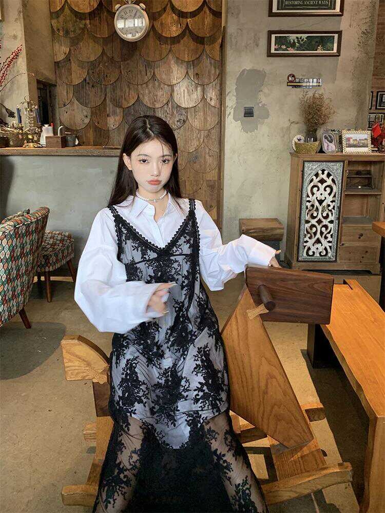 블랙 뷔스티에 시스루원피스 망사 꽃무늬패턴 유니크 프렌치 감성 디자인 봄 여름 - 상세 이미지 3