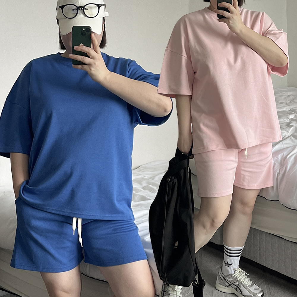 트레이닝셋업 여성트레이닝세트 여름트레이닝 엄마등원룩 원마일웨어 흠뻑쇼 파란색코디 - 상품 이미지