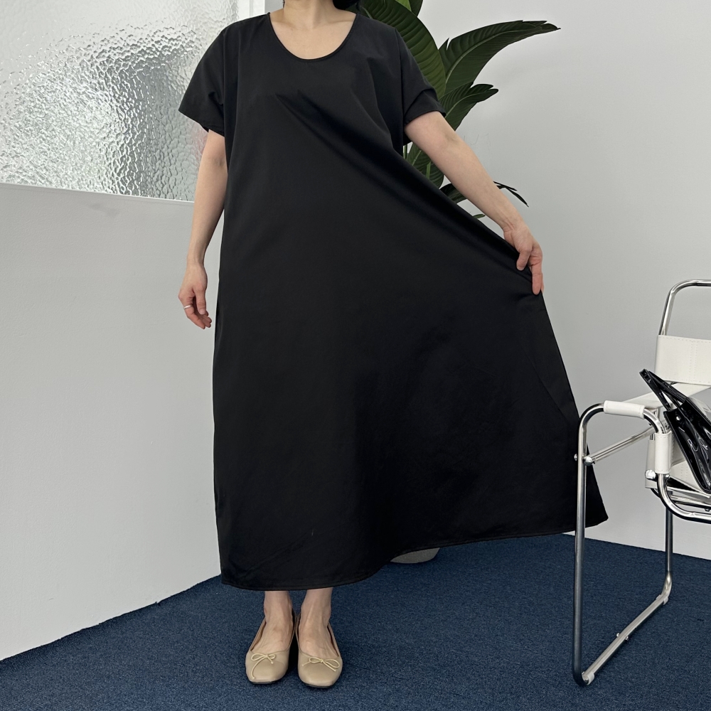 빅사이즈 자체제작 99-130 A라인 블랙 롱 원피스 루즈 오버핏 바스락 시원한 반팔 U넥