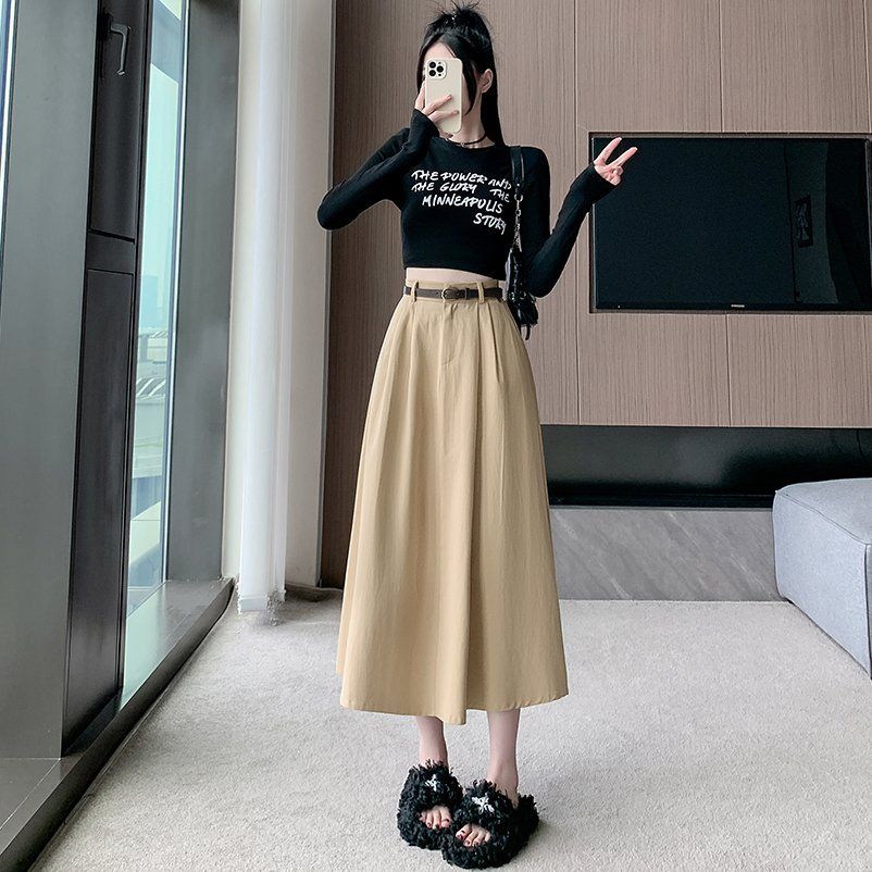 여성 봄 여름 하이웨스트 뒷밴딩 면 A라인 플레어 미디 스커트 블랙 카키 베이지 - 상세 이미지 3