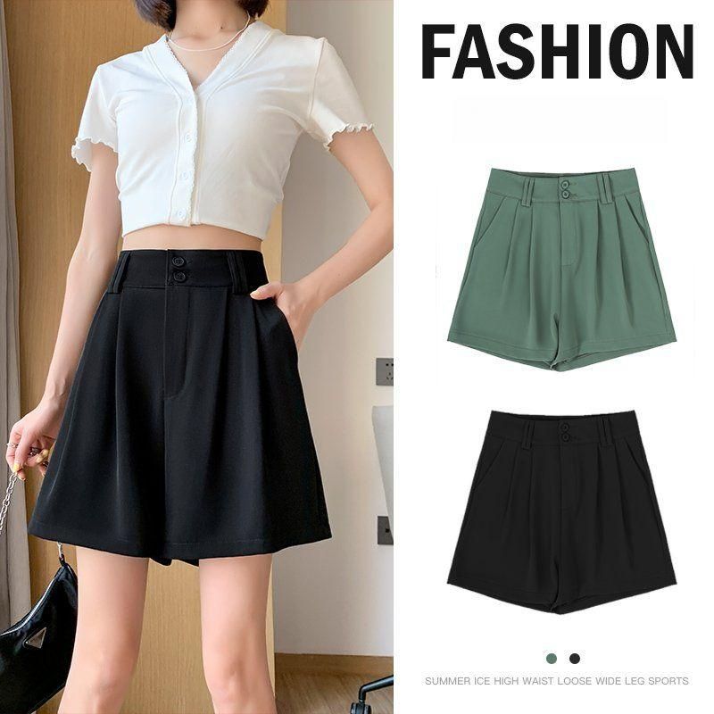 하이웨스트 투버튼 핀턱 와이드 숏팬츠 쿨링 A라인 여름 반바지 블랙 그린 - 상세 이미지 4