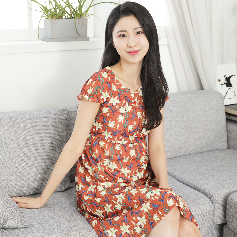 여성 잠옷원피스 플리츠 캡소매 잠옷 원피스 실내복 파자마 6007 - 상세 이미지 4