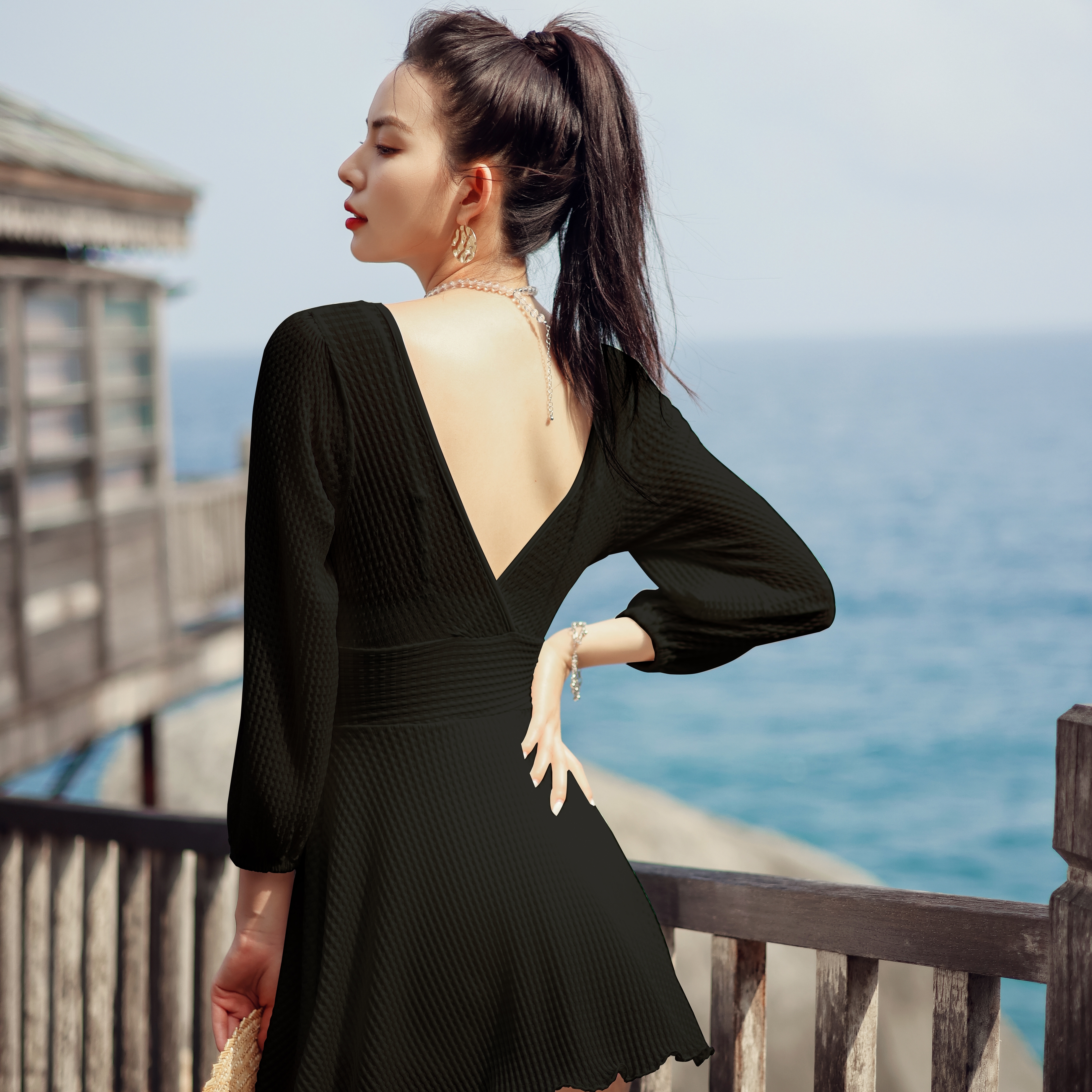 여성 긴팔 원피스 수영복 빅사이즈 체형커버 유교걸 수영복 - 상세 이미지 5