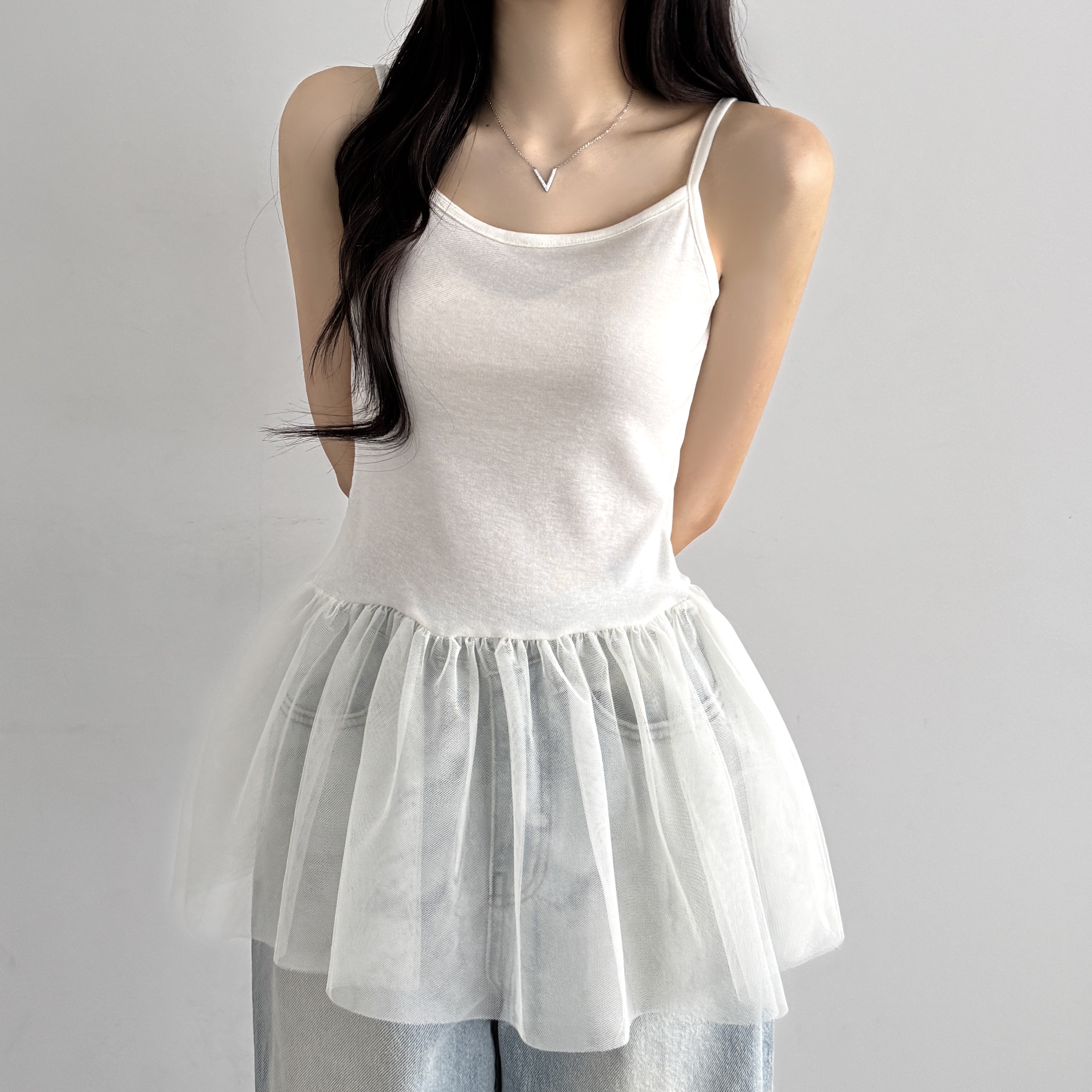 레이어드 여름 원피스 플리츠 쉬폰 뷔스티에 원피스 미니, 화이트, FREE(One size) - 상품 이미지