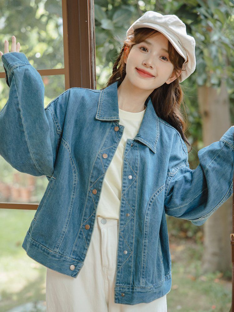 봄 가을 루즈핏 오버핏 베이직 스티치 포인트 코튼 면 데님 자켓 청자켓 화이트 블루 - 상세 이미지 3