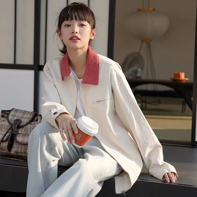 루즈핏 배색 카라 집업 자켓 포켓 면 간절기 캐주얼 아우터 점퍼 봄 가을 미백색 핑크 - 상세 이미지 5