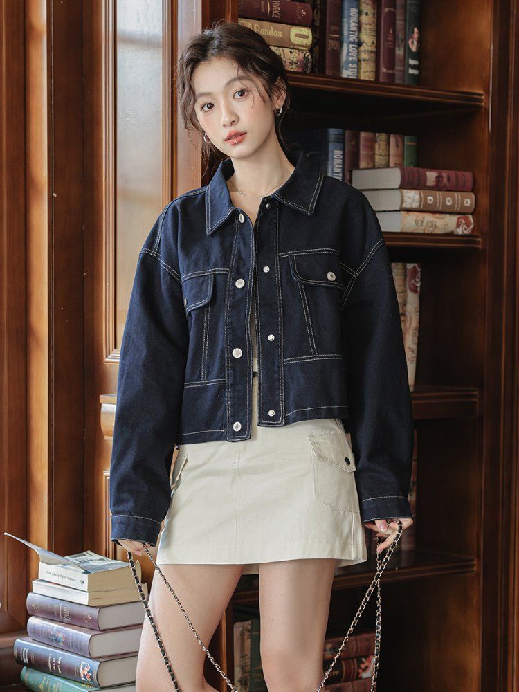스티치 포켓 카라 데님 청자켓 싱글 버튼 베이직 간절기 캐주얼 아우터 봄 화이트 네이비 - 상세 이미지 4