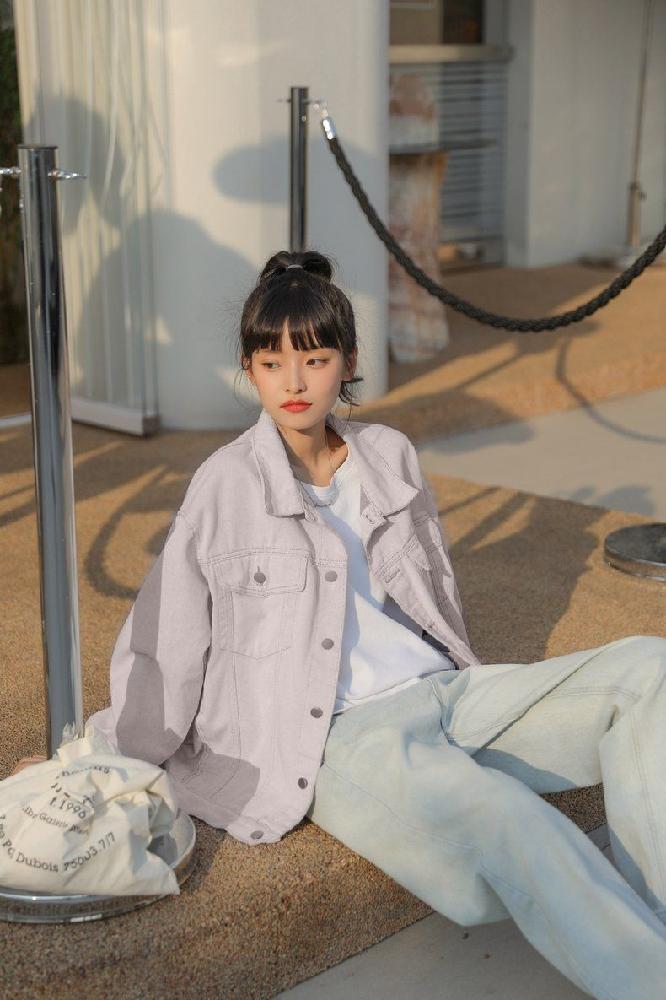 봄 가을 루즈핏 오버핏 데일리 베이직 코튼 면 데님 자켓 청자켓 퍼플 - 상세 이미지 4