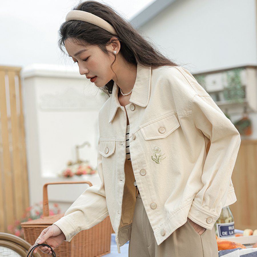 간절기 데일리 면 크롭 숏자켓 자수 아우터 여리핏 여성자켓 베이지 핑크 민트 봄 가을 - 상세 이미지 5