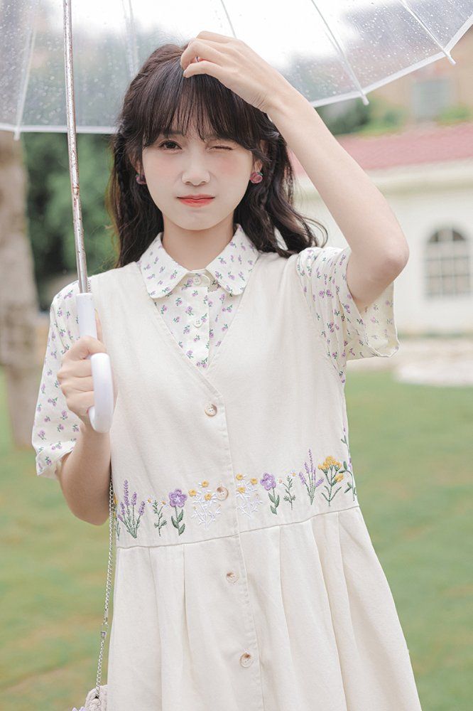 봄 여름 플라워 꽃 자수 나시 뷔스티에 레이어드 면 코튼 데님 롱 원피스 베이지 데님블루 - 상세 이미지 3