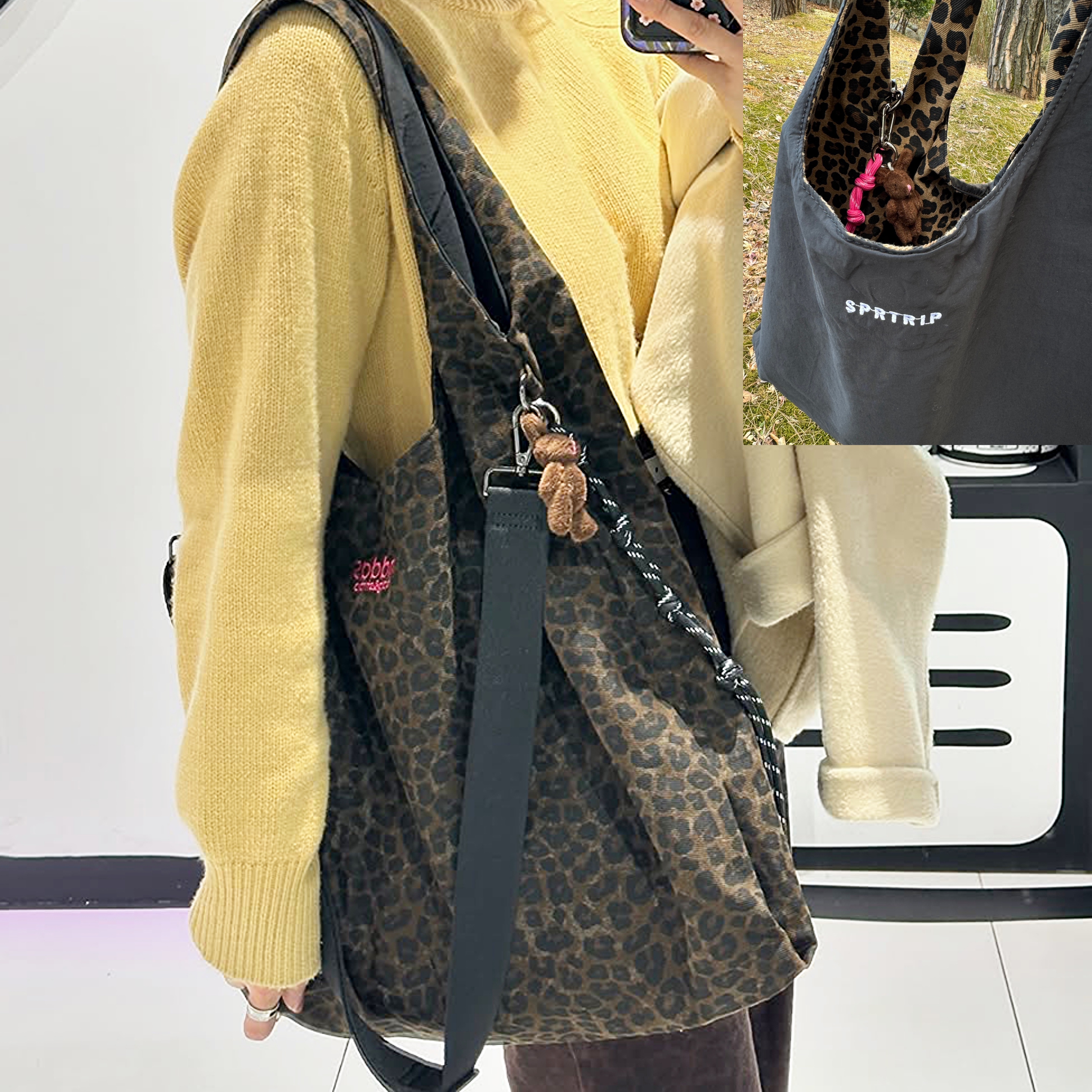 mddas 호피 데일리백 가벼운 여성 숄더백 호보백 보부상가방 양면 나일론 빅 크로스 백