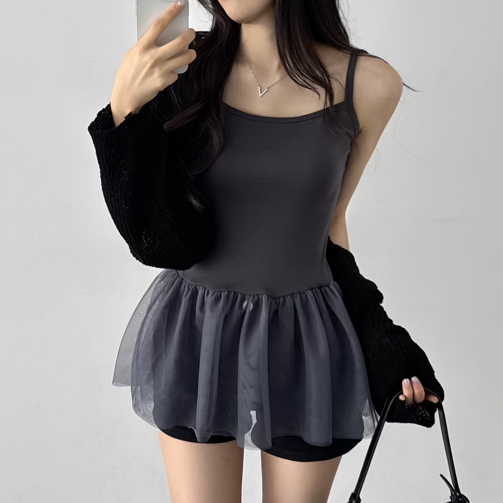 레이어드 여름 원피스 플리츠 쉬폰 뷔스티에 원피스 미니, 차콜, FREE(One size) - 상세 이미지 4