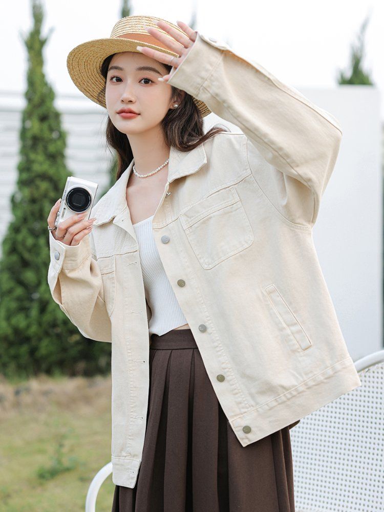 봄 가을 베이직 기본핏 워싱 코튼 면 데님 자켓 청자켓 포켓 간절기 아우터 오프화이트 퍼플 - 상세 이미지 4