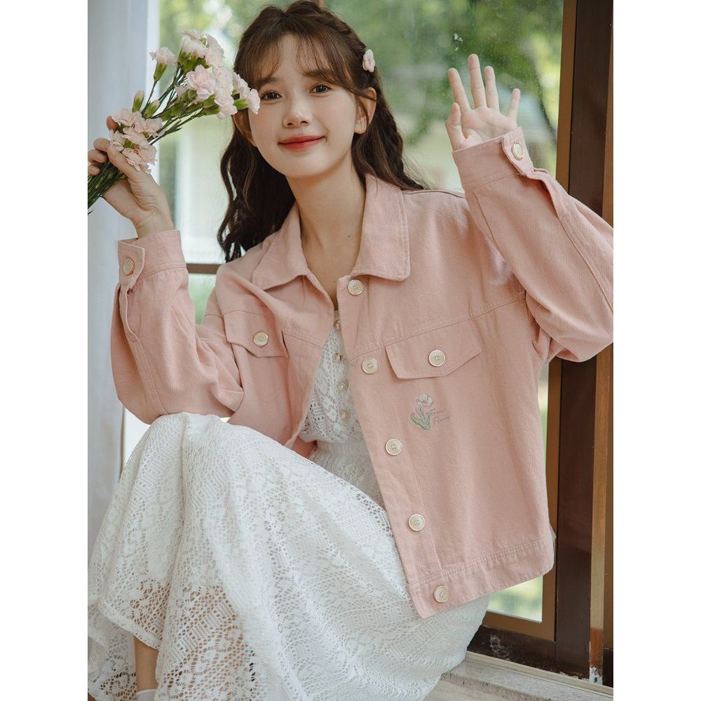 플라워 자수 포켓 데님 청자켓 스트레이트핏 간절기 봄 가을 미백색 라이트그린 핑크 - 상품 이미지