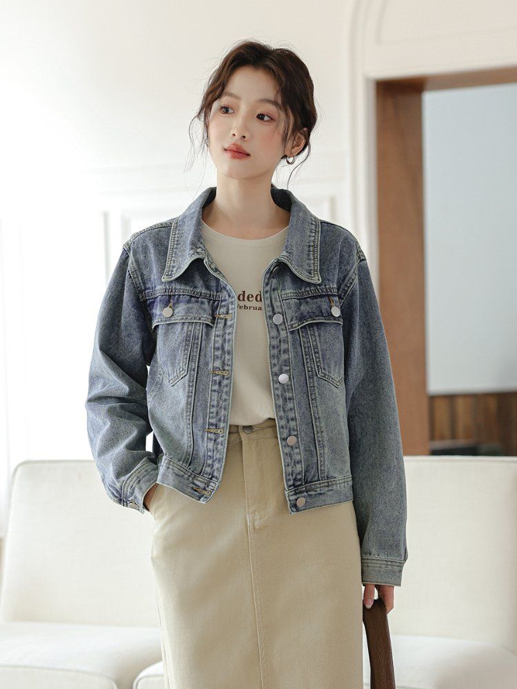 루즈핏 워싱 데님 청자켓 숏 카라 포켓 간절기 캐주얼 아우터 봄 가을 연청 - 상세 이미지 2