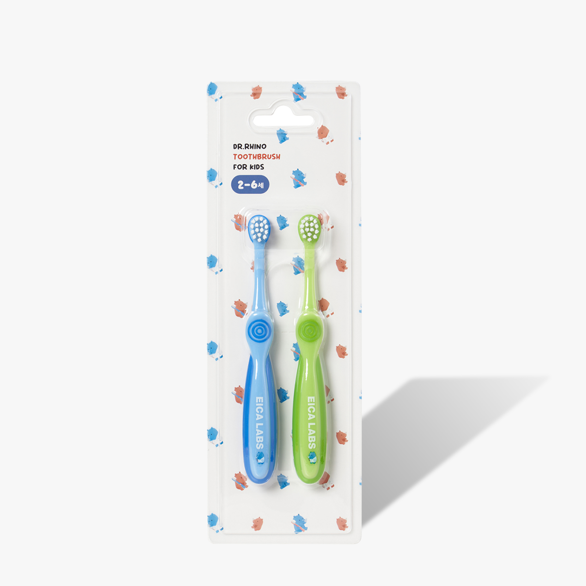 에이카랩스 어린이 칫솔 코뿔소 A타입(파랑,연두) 어린이집 유아 유치원 2개입, 1개