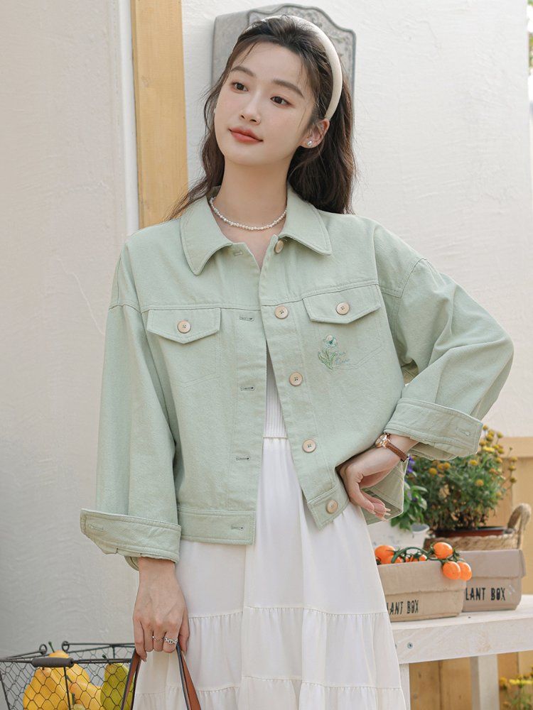 간절기 데일리 면 크롭 숏자켓 자수 아우터 여리핏 여성자켓 베이지 핑크 민트 봄 가을 - 상세 이미지 3