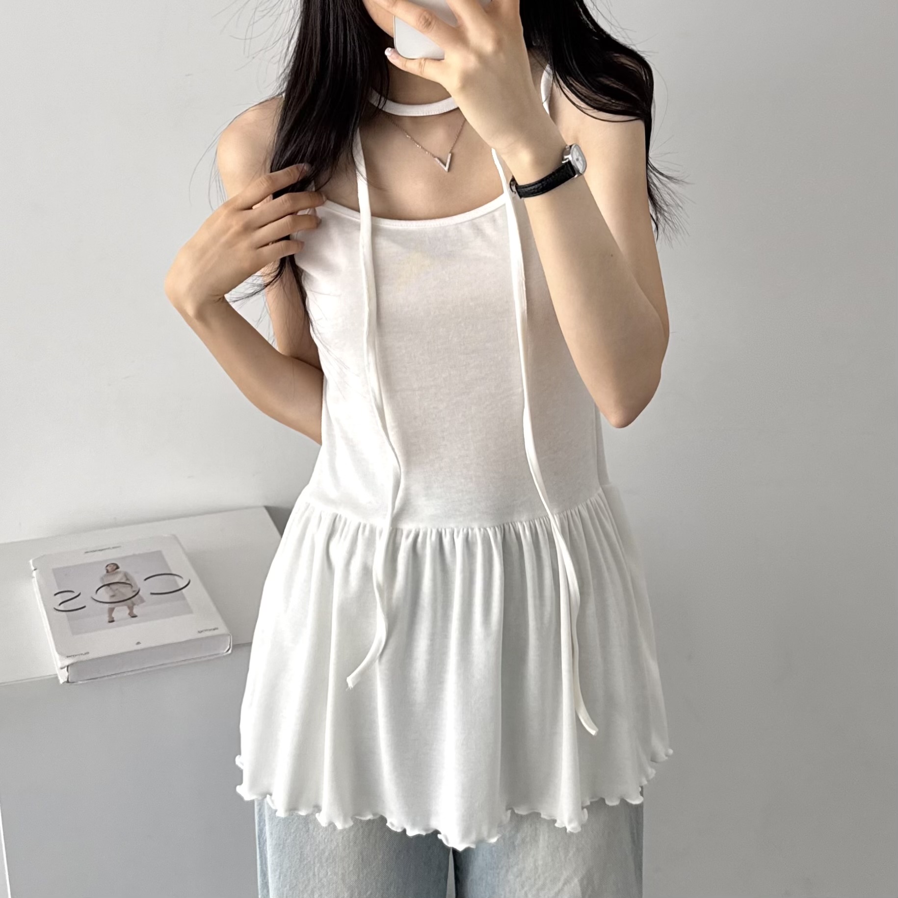 여름 휴양지 원피스 뷔스티에 레이어드 하객 원피스 미니, 화이트, FREE(One size)