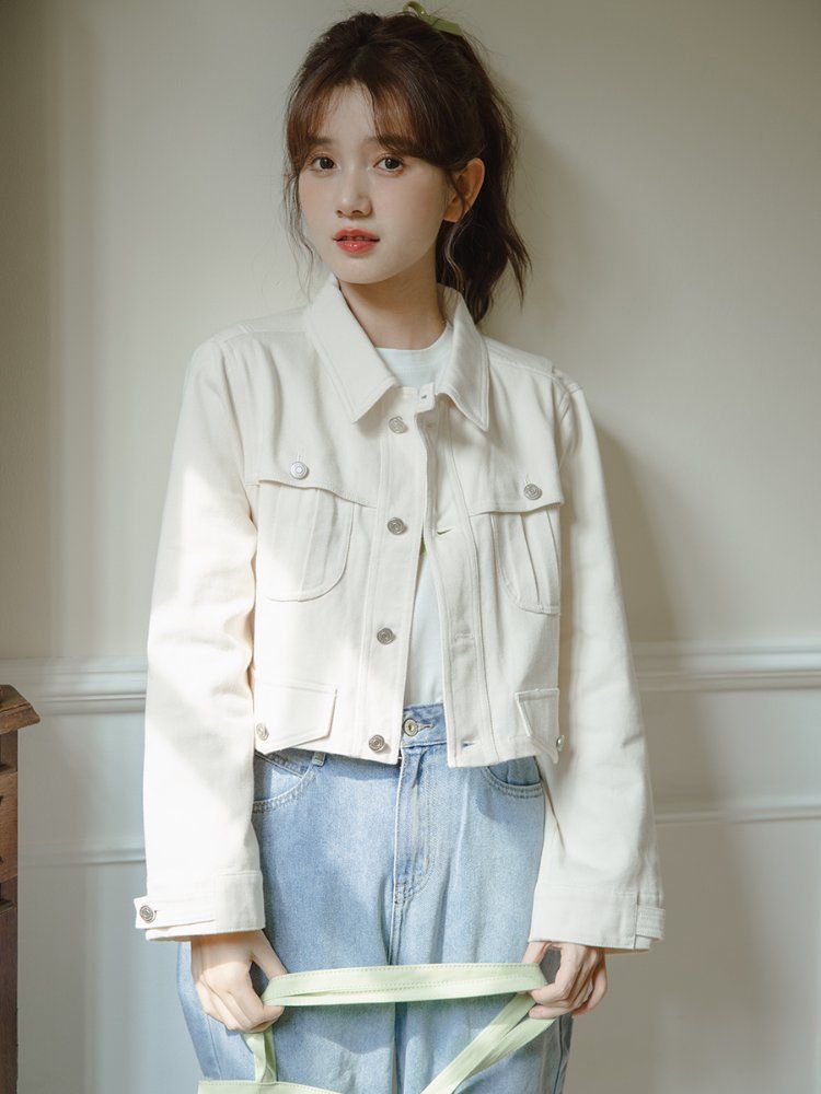 간절기 데일리 크롭 청자켓 면자켓 숏자켓 봄 가을 아이보리 - 상세 이미지 4