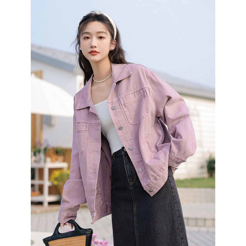 봄 가을 베이직 기본핏 워싱 코튼 면 데님 자켓 청자켓 포켓 간절기 아우터 오프화이트 퍼플 - 상품 이미지