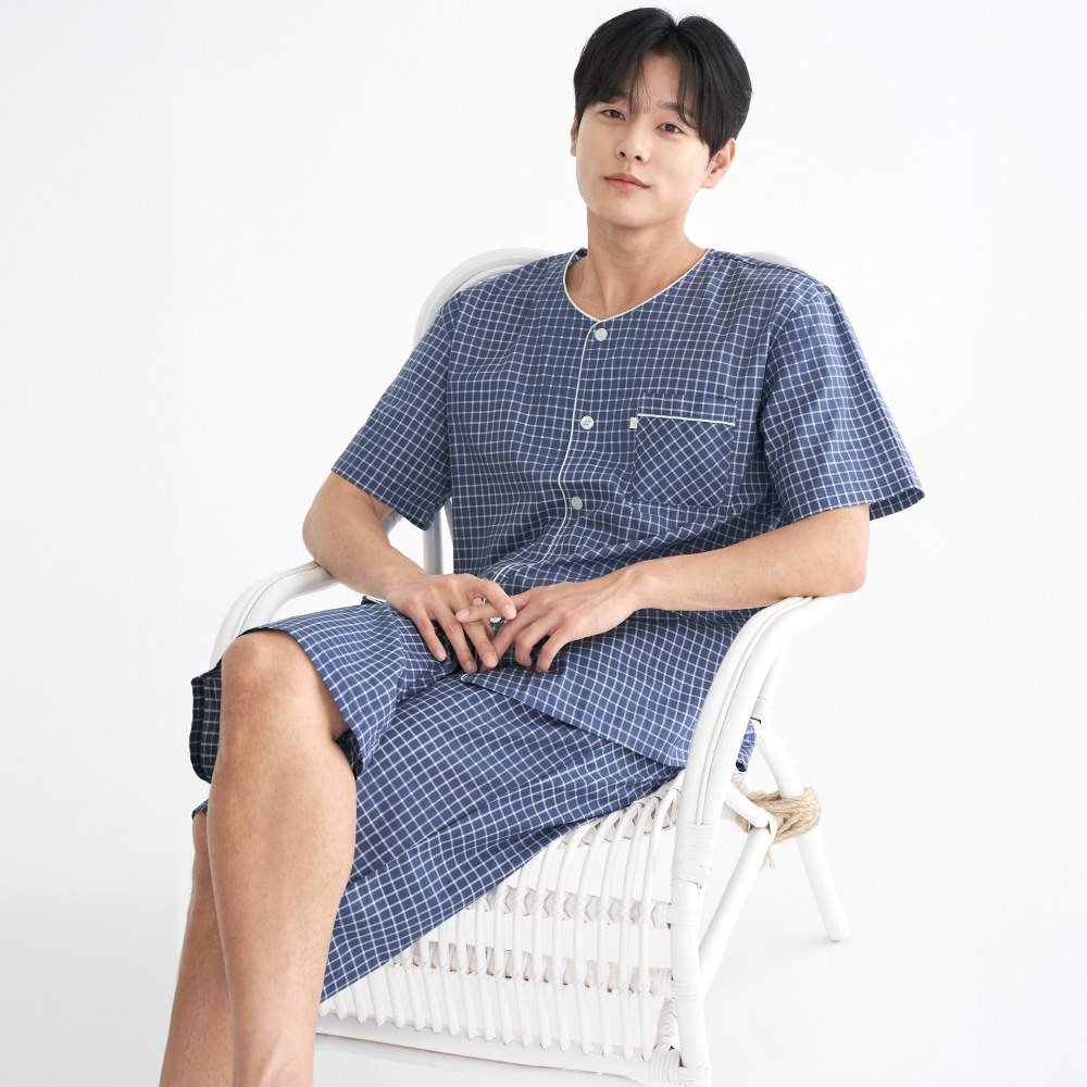 페인체크 반팔 순면 남성 빅사이즈 잠옷 세트 - 메인 이미지