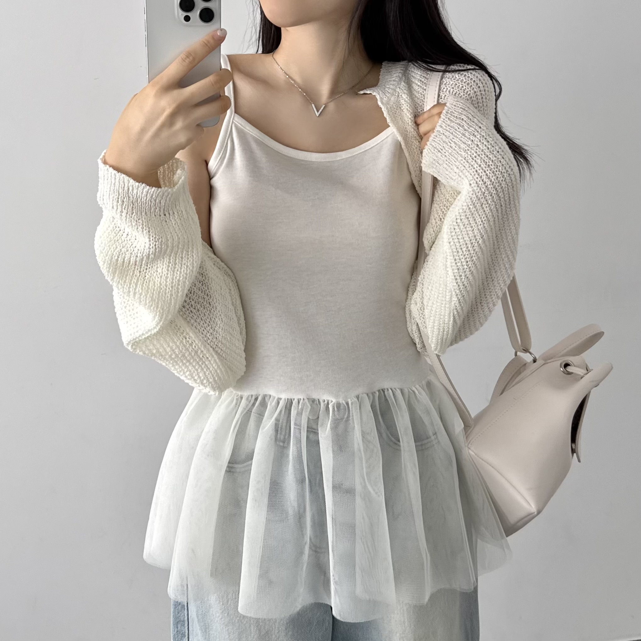 레이어드 여름 원피스 플리츠 쉬폰 뷔스티에 원피스 미니, 화이트, FREE(One size) - 상세 이미지 5