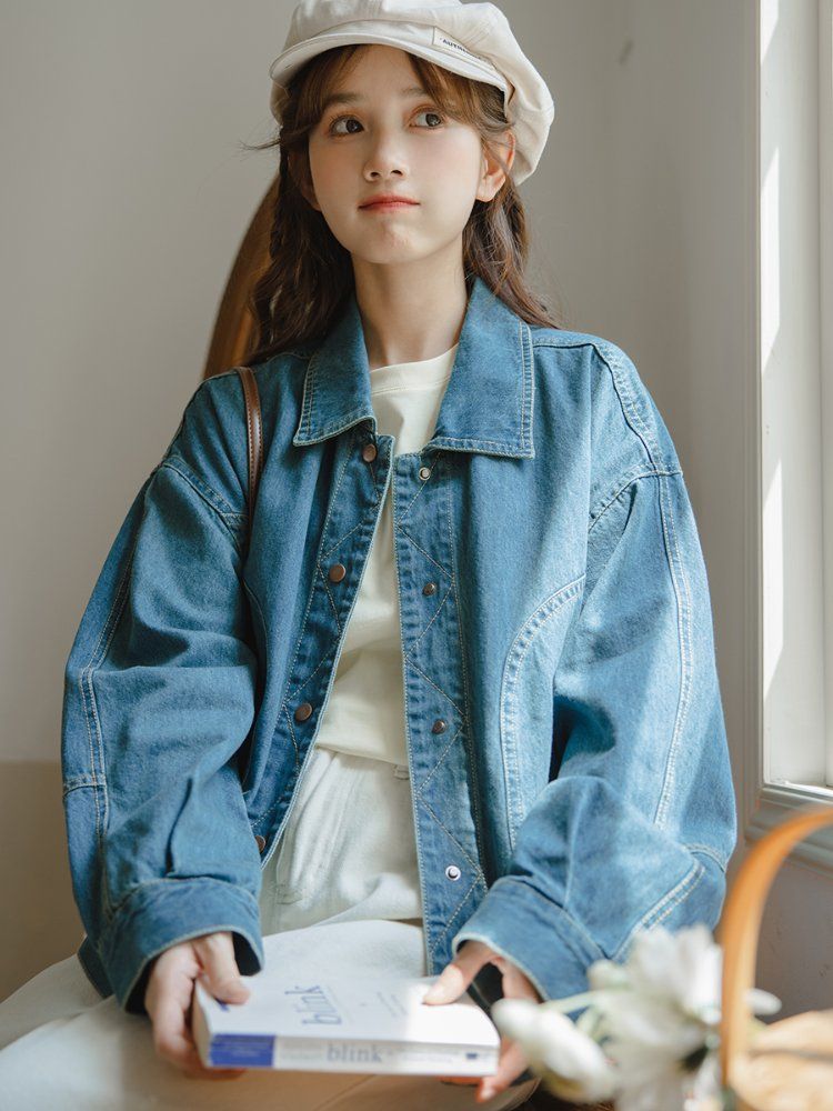 봄 가을 루즈핏 오버핏 베이직 스티치 포인트 코튼 면 데님 자켓 청자켓 화이트 블루 - 상세 이미지 4