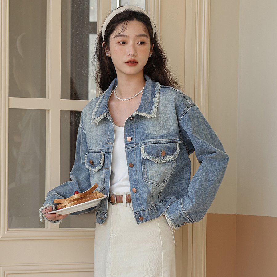 여성 데님 숏자켓 루즈핏 빈티지 워싱 청자켓 기본 캐주얼 포켓 블루 봄 가을 - 상세 이미지 3