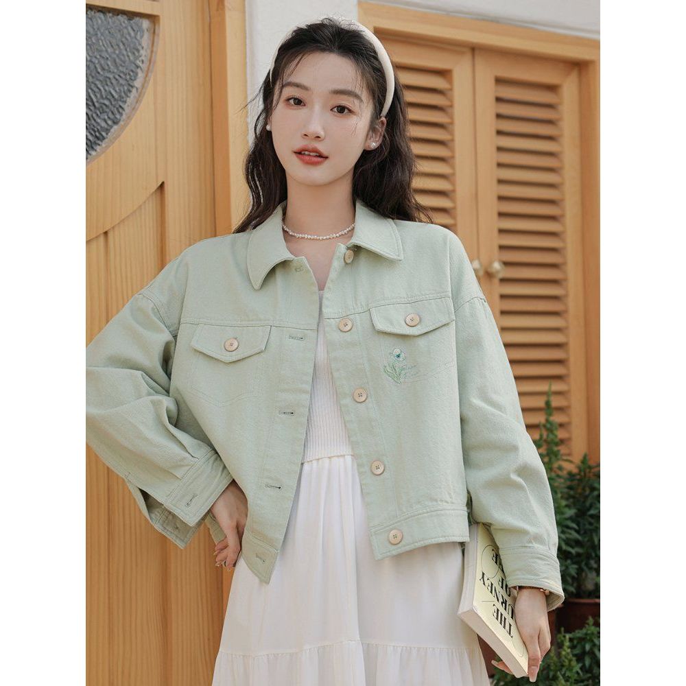 간절기 데일리 면 크롭 숏자켓 자수 아우터 여리핏 여성자켓 베이지 핑크 민트 봄 가을 - 상품 이미지