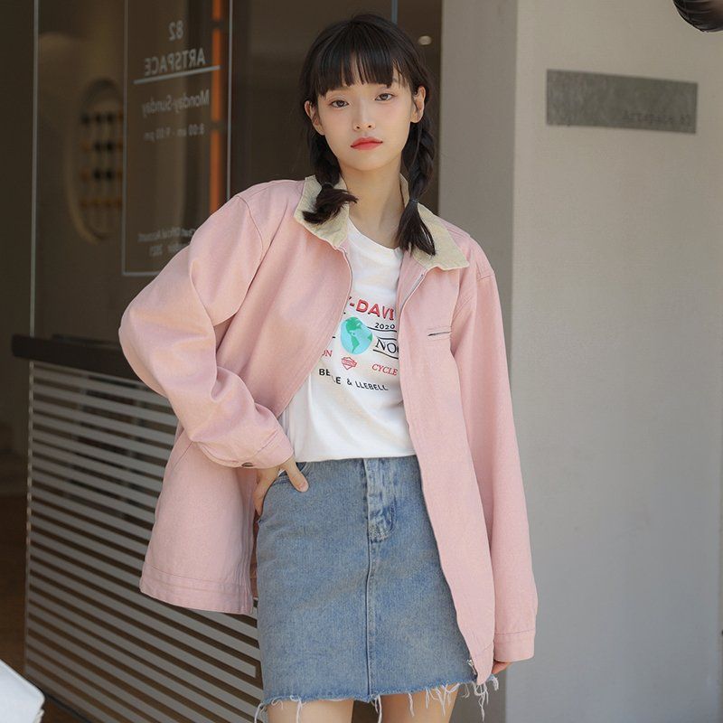 루즈핏 배색 카라 집업 자켓 포켓 면 간절기 캐주얼 아우터 점퍼 봄 가을 미백색 핑크 - 상세 이미지 3