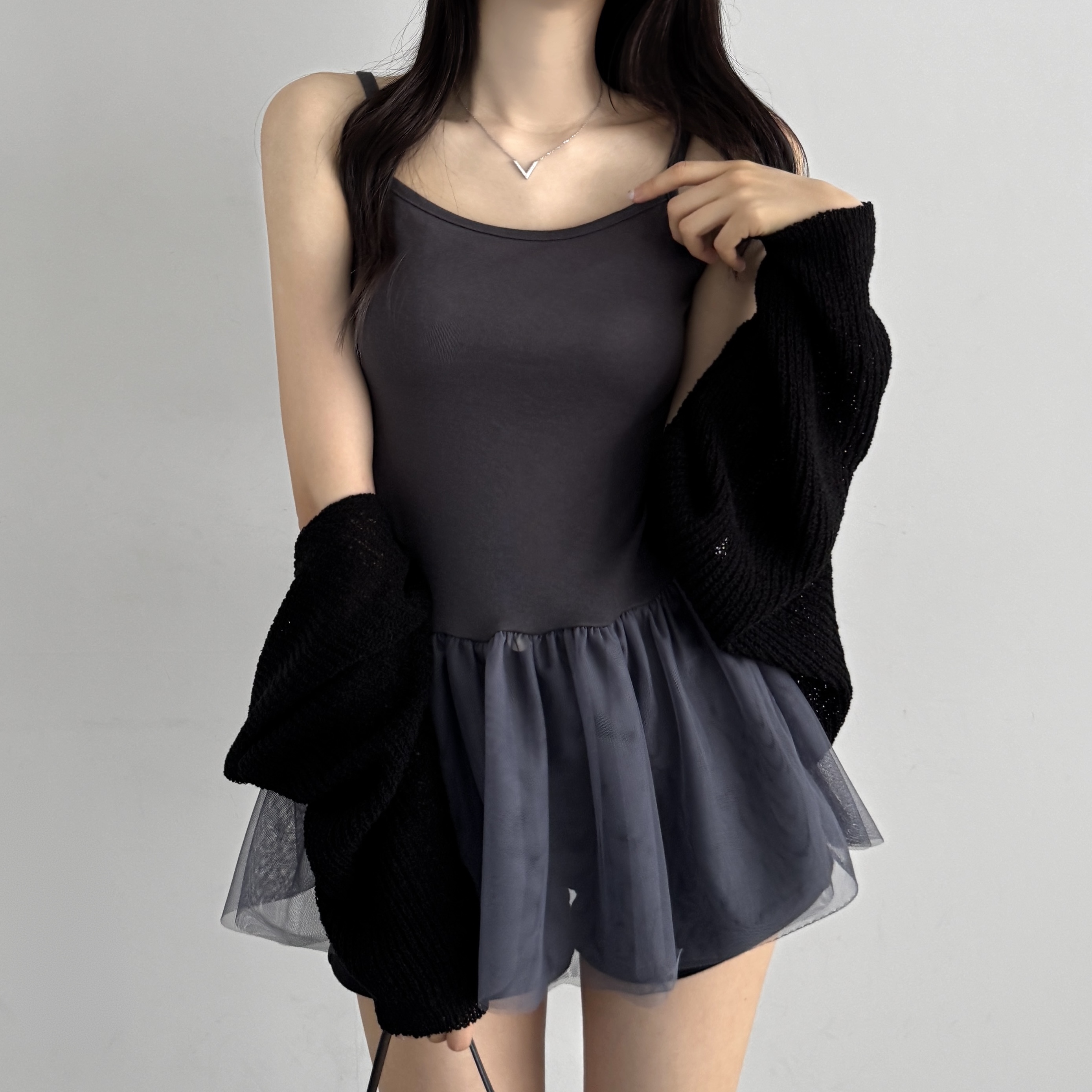 레이어드 여름 원피스 플리츠 쉬폰 뷔스티에 원피스 미니, 차콜, FREE(One size) - 상품 이미지