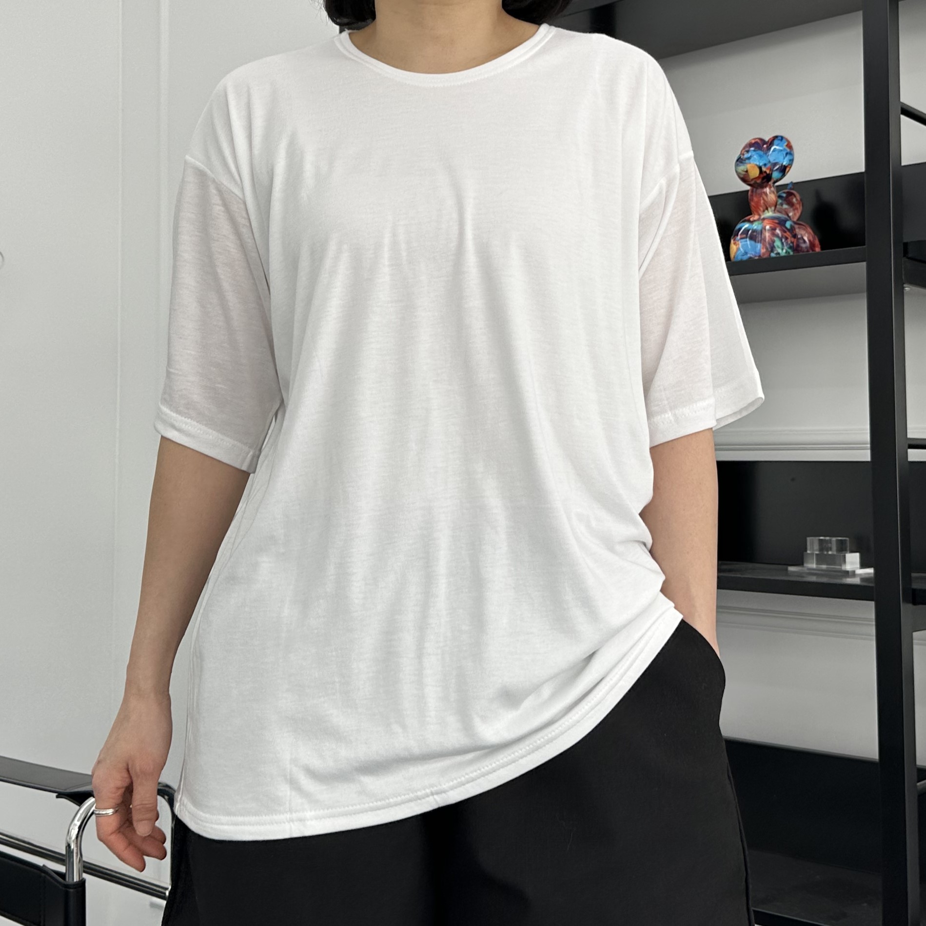 빅사이즈 자체제작 화이트 아이보리 박시 반팔 롱 티셔츠 무지 면 슬라브 라운드넥 레이어드 - 상품 이미지