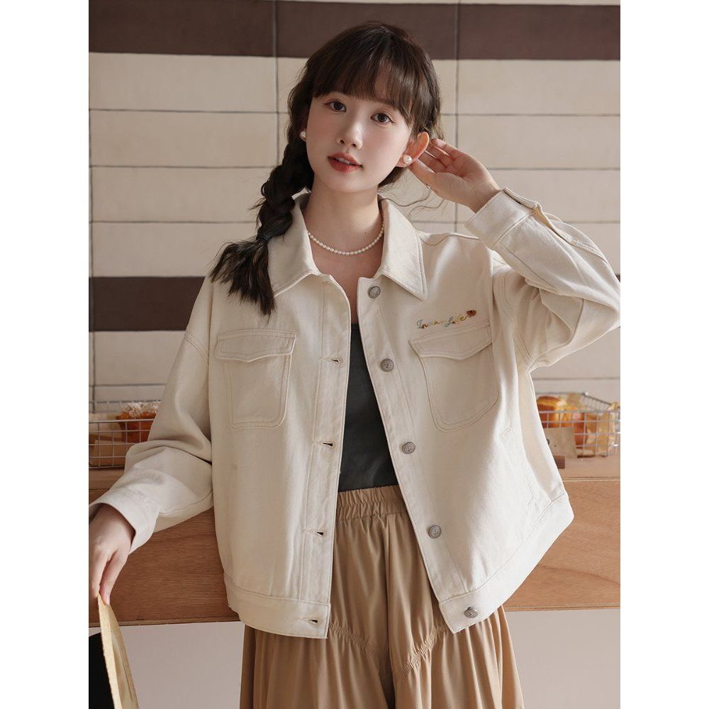 봄 가을 루즈핏 베이직 레터링 자수 포켓 코튼 면 데님 청자켓 간절기 아이보리 - 상품 이미지