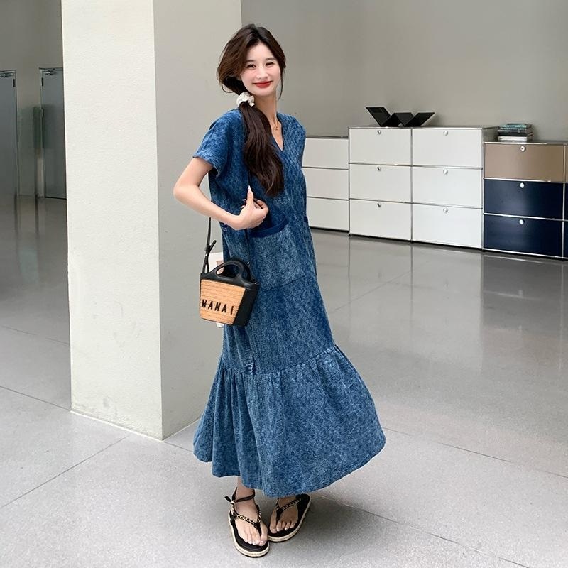 여성 데님 스타일 브이넥 머메이드롱원피스 블루 S - 상세 이미지 3