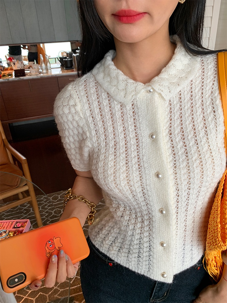 펀칭 크롭 카라반팔가디건 진주단추 귀여운 빈티지 디자인 봄 가을 유니크 스타일 화이트 - 상세 이미지 3