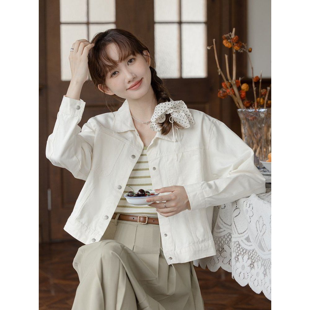 스트레이트핏 면 자켓 숏 포켓 카라 싱글 버튼 간절기 캐주얼 봄 가을 미백색 라이트그린 - 메인 이미지