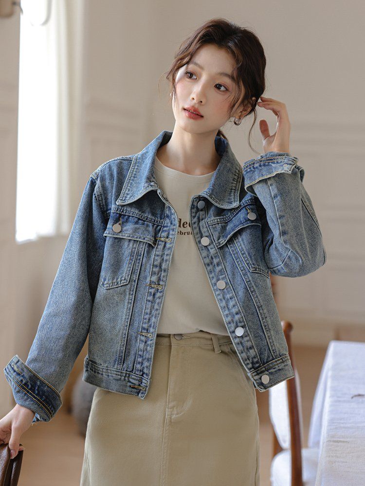 루즈핏 워싱 데님 청자켓 숏 카라 포켓 간절기 캐주얼 아우터 봄 가을 연청 - 상세 이미지 4