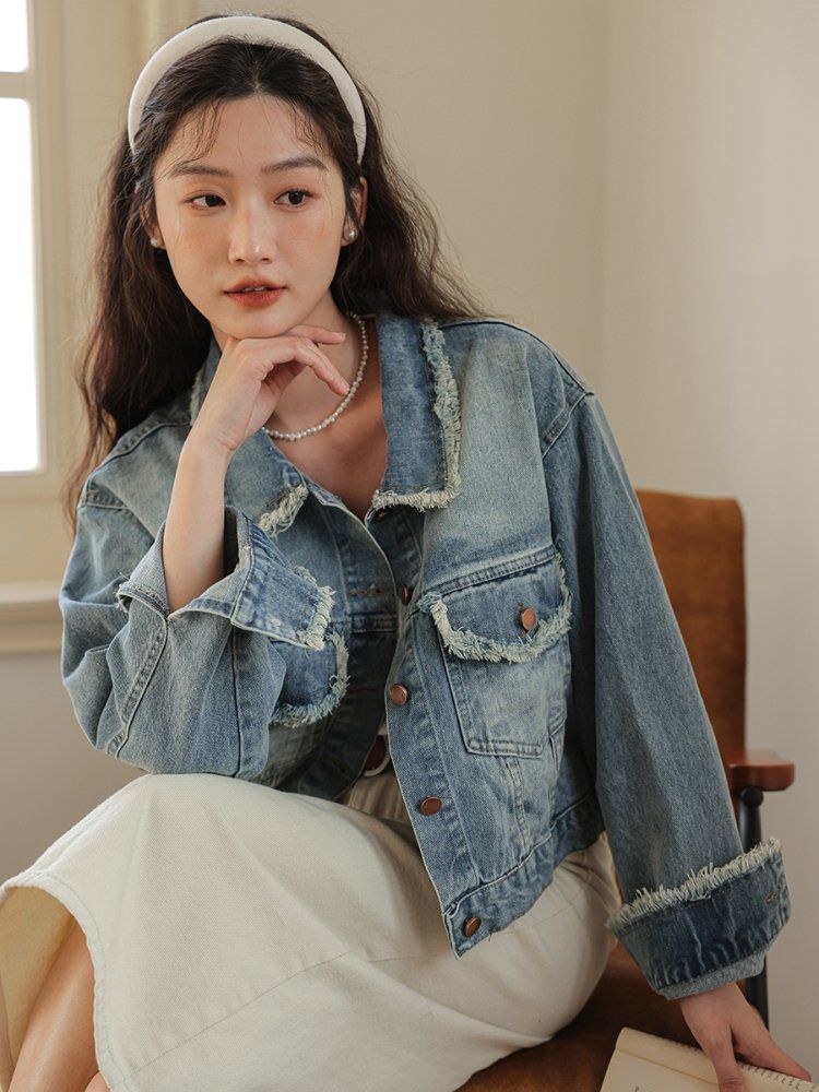 여성 데님 숏자켓 루즈핏 빈티지 워싱 청자켓 기본 캐주얼 포켓 블루 봄 가을 - 상세 이미지 2
