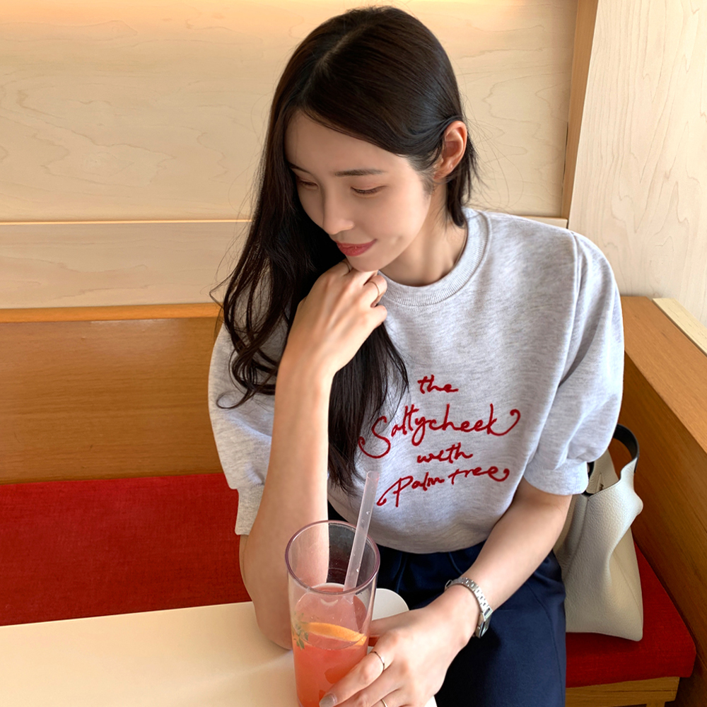 베레티 레터링 자수 퍼프 반팔 맨투맨 티셔츠 - 상세 이미지 5