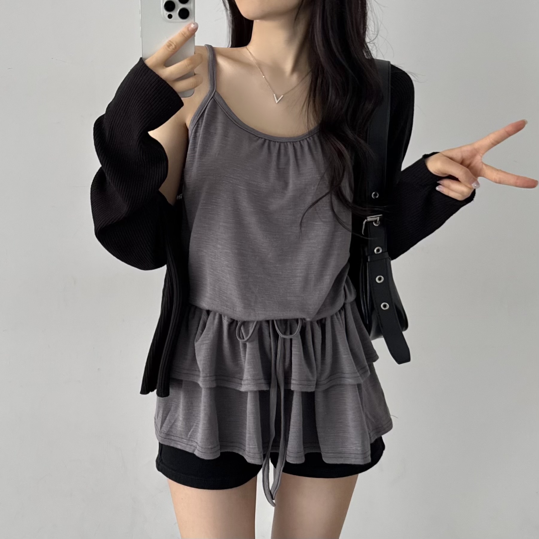 캉캉 레이어드 여름원피스 쉬폰 뷔스티에 여성원피스 미니, 차콜, FREE(One size) - 상세 이미지 3