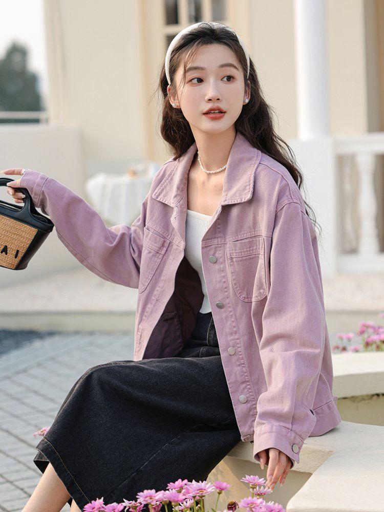봄 가을 베이직 기본핏 워싱 코튼 면 데님 자켓 청자켓 포켓 간절기 아우터 오프화이트 퍼플 - 상세 이미지 2