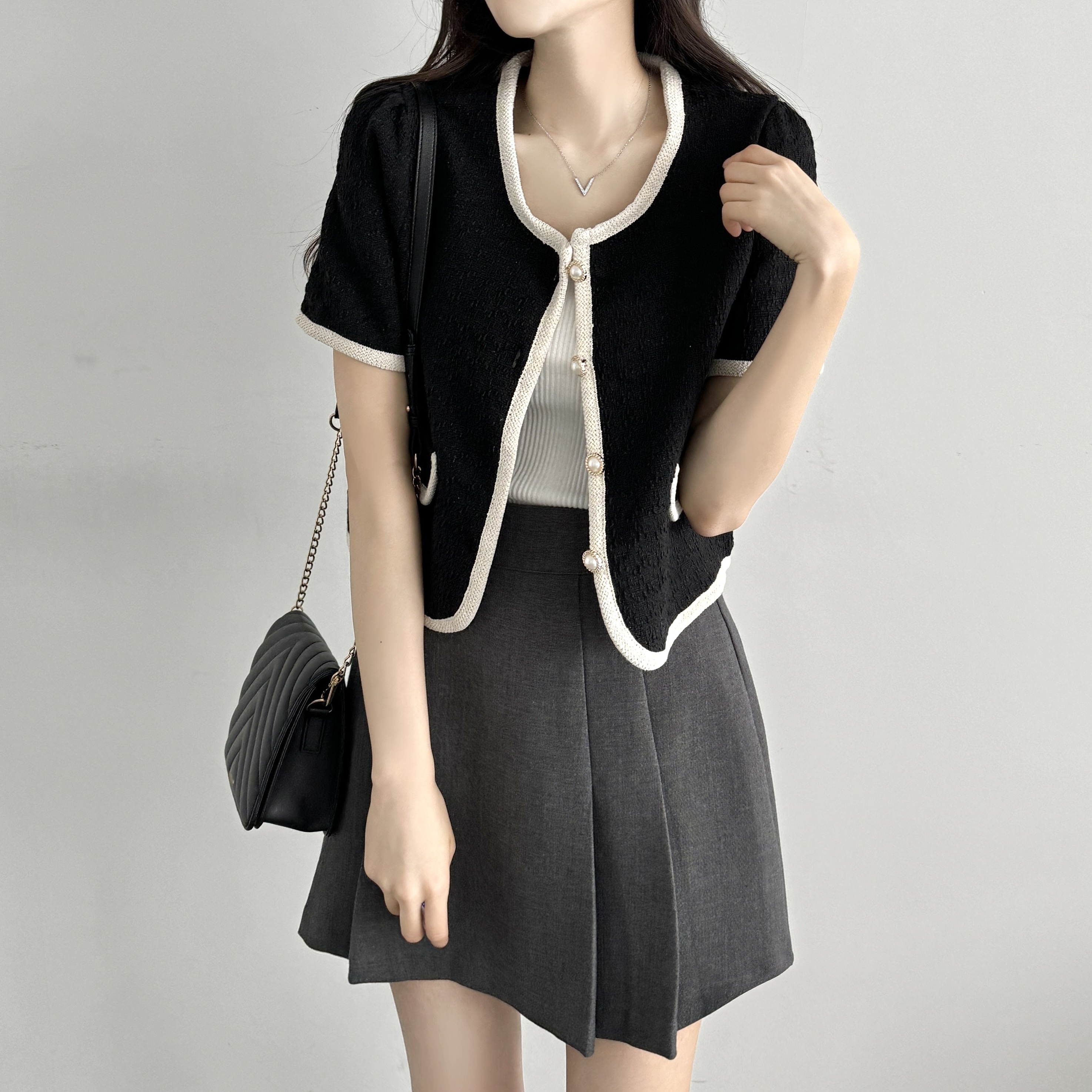 하객룩 트위드 자켓 숏 노카라 크롭 여성 자켓 블랙, FREE 이미지 7