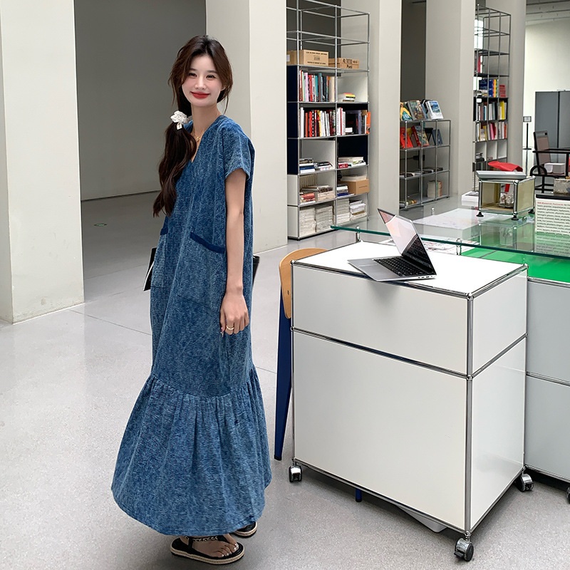 여성 데님 스타일 브이넥 머메이드롱원피스 블루 S - 상세 이미지 4