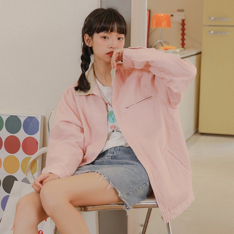 루즈핏 배색 카라 집업 자켓 포켓 면 간절기 캐주얼 아우터 점퍼 봄 가을 미백색 핑크 - 메인 이미지