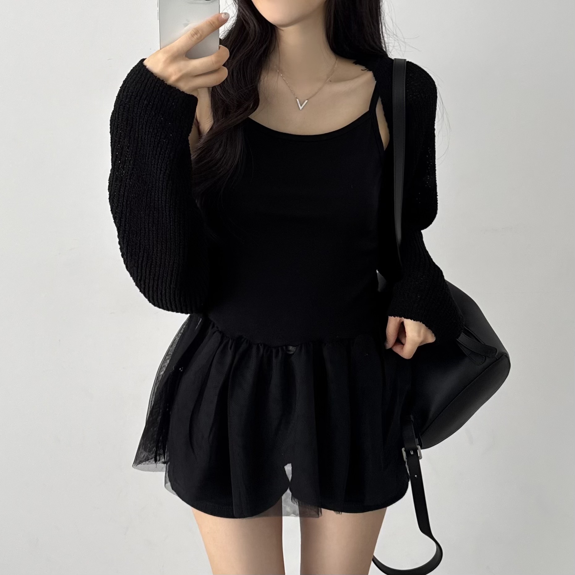 레이어드 여름 원피스 플리츠 쉬폰 뷔스티에 원피스 미니, 블랙, FREE(One size) - 상세 이미지 5
