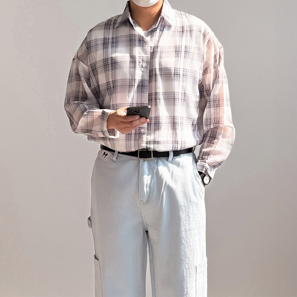 남자시스루셔츠 남성여름긴팔남방 체크무늬셔츠 - 상품 이미지