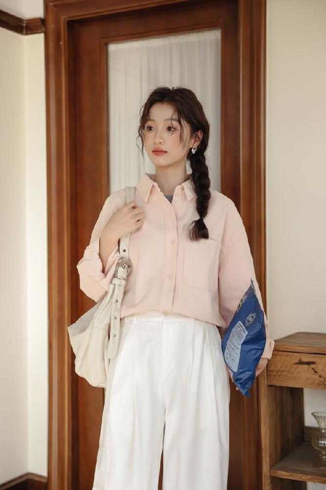 루즈핏 면 셔츠 자켓 포켓 카라 싱글 버튼 간절기 캐주얼 봄 가을 미백색 라이트핑크 - 상세 이미지 5